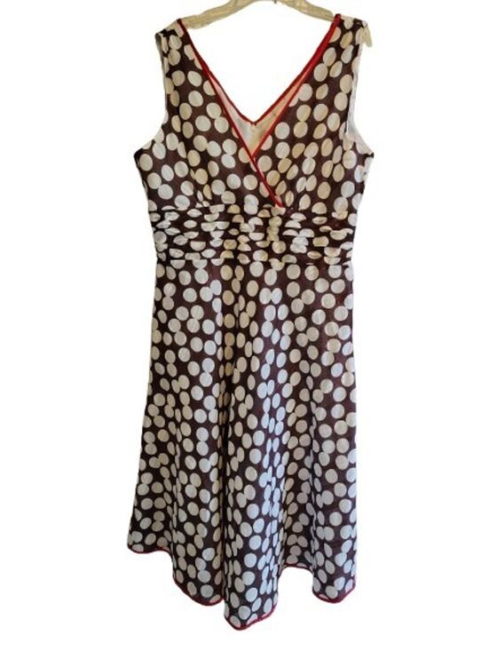 Amanda Lane Dresses & Skirts - Amanda Lane Polka Dot A-Line Midi Dress Brown White Red Trim Size 12 Cotton...
